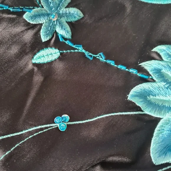 Y2K Jane Norman black satin oriental dress size 10 pencil wiggle vintage floral - Picture 9 of 12